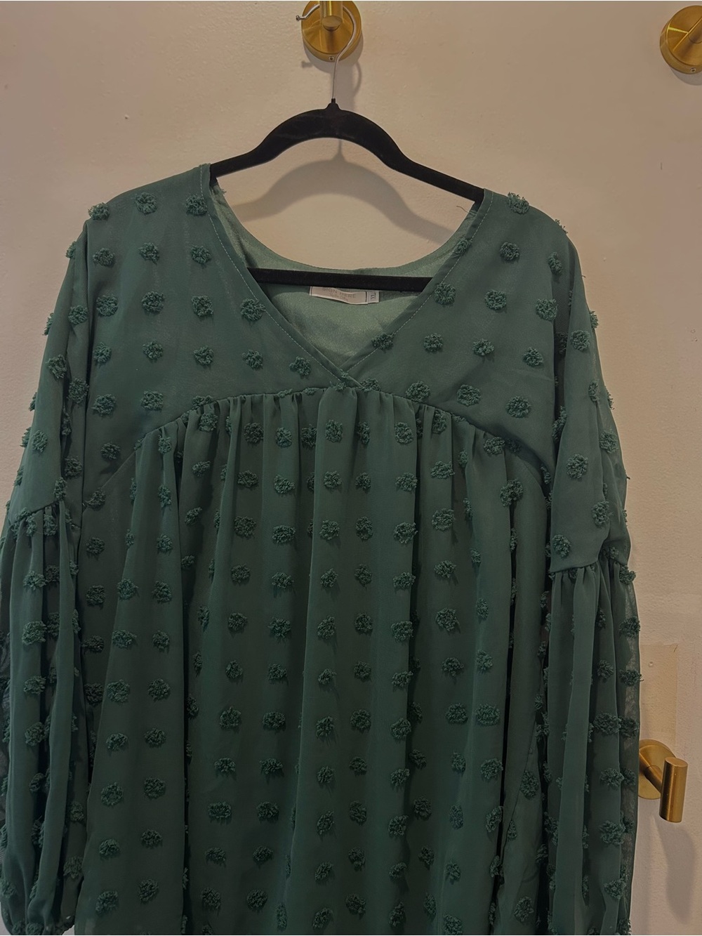 Women's Textured Green V-Neck Blouse with Pom Detail